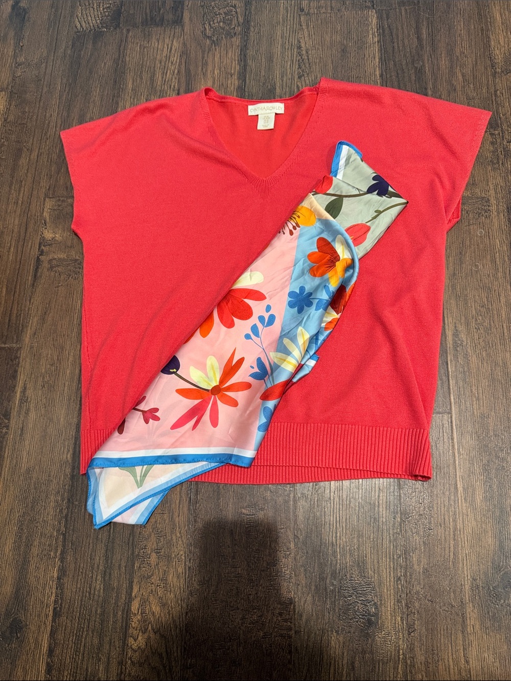 Cynthia Rowley Coral Pink V-Neck Short Sleeve Top with Floral Scarf Accent